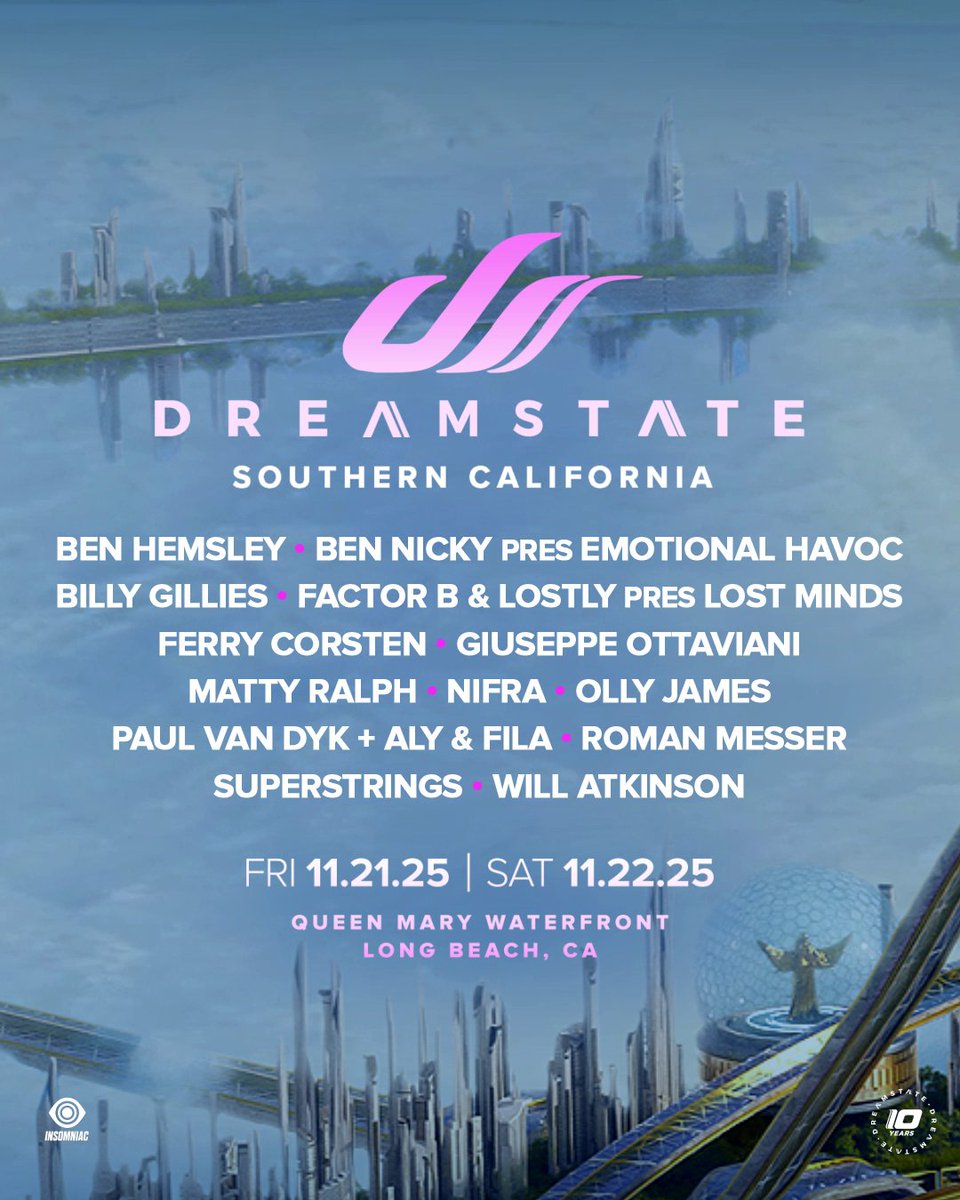 We're thrilled to announce the 1st of 6 artist lineup announcements for #DreamstateSoCal this November!💙 Stay tuned for our next round of lineup announcements tomorrow at 12PM PT!✨