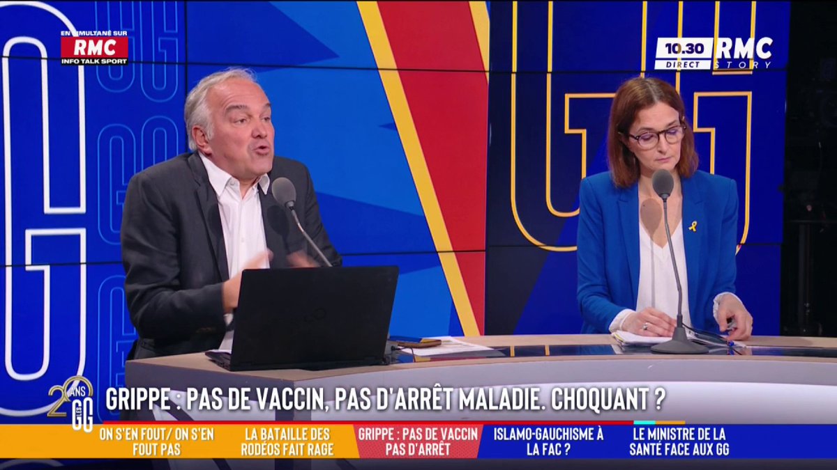 💉 Grippe : pas de vaccin, pas d'arrêt maladie. Choquant ? 🗣️ Olivier Truchot : "Vous êtes extraordinaire, on dépense trop. La santé, c'est devenu un buffet à volonté. Maintenant : 'J'ai mal au dos, je vais m'arrêter, j'ai 25 ans, je suis fatigué, je vais m'arrêter'." #GGRMC