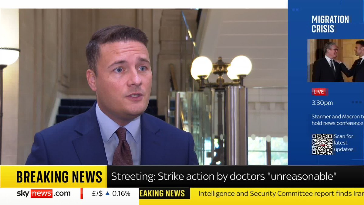 Health Secretary @WesStreeting urges doctors not to put the progress made on the NHS "at risk" with "unnecessary and unreasonable" strike action. Resident doctors are set to strike for five days at the end of July. Read more ➡️ 📺 Sky 501 and YouTube