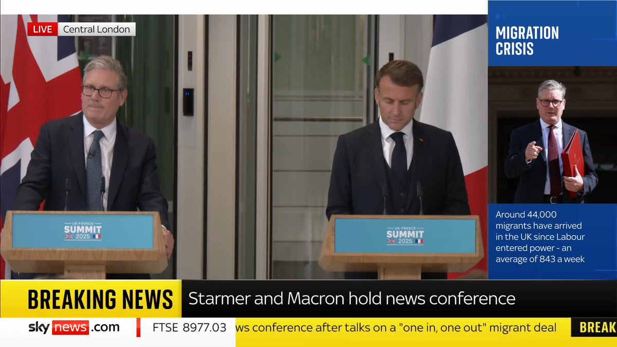 BREAKING: UK and France agree "one in, one out" migrant deal. The returns pilot will begin in the coming weeks. 📺 Sky 501, Virgin 602, Freeview 233 and YouTube