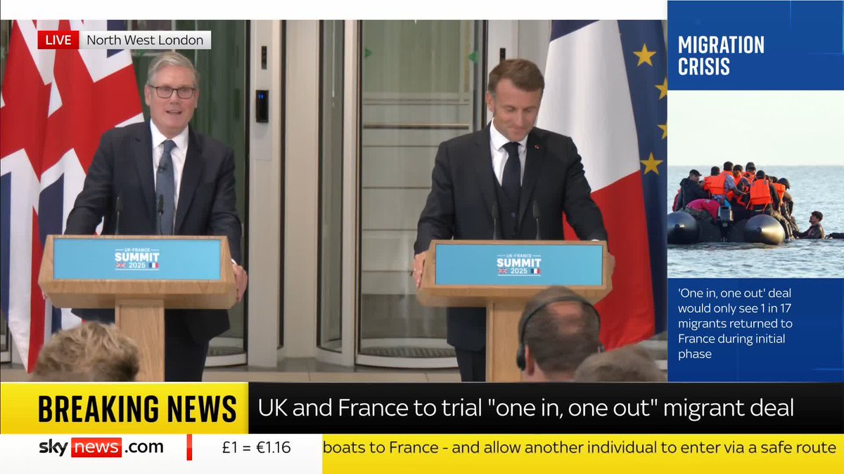 Migrants return pilot will 'break the model' of small boat crossings - Starmer claims. Macron also defended the scheme, adding: "It's a good agreement... We have to adapt. We'll leave, nothing undone." 📺 Sky 501