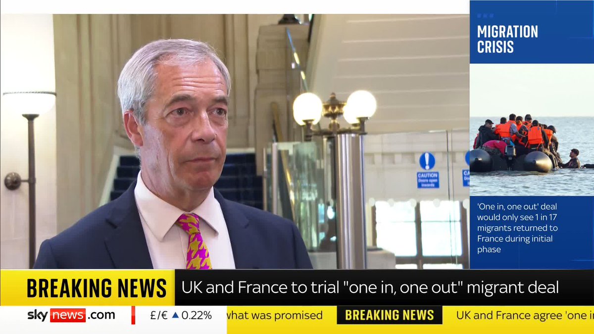 BREAKING: Nigel Farage reacts to the UK and France 'one in, one out' migrant deal 'This is Brexit Britain. We voted to take back control of our borders, not to accept a deal given to us by a French President,' he says. 📺 Sky 501