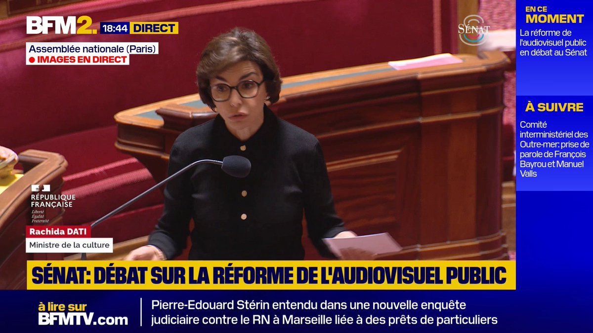 💬 "62% des Français s'informent sur les réseaux sociaux" Rachida Dati, ministre de la Culture, justifie la réforme de l'audiovisuel public lors des débats au Sénat #BFM2