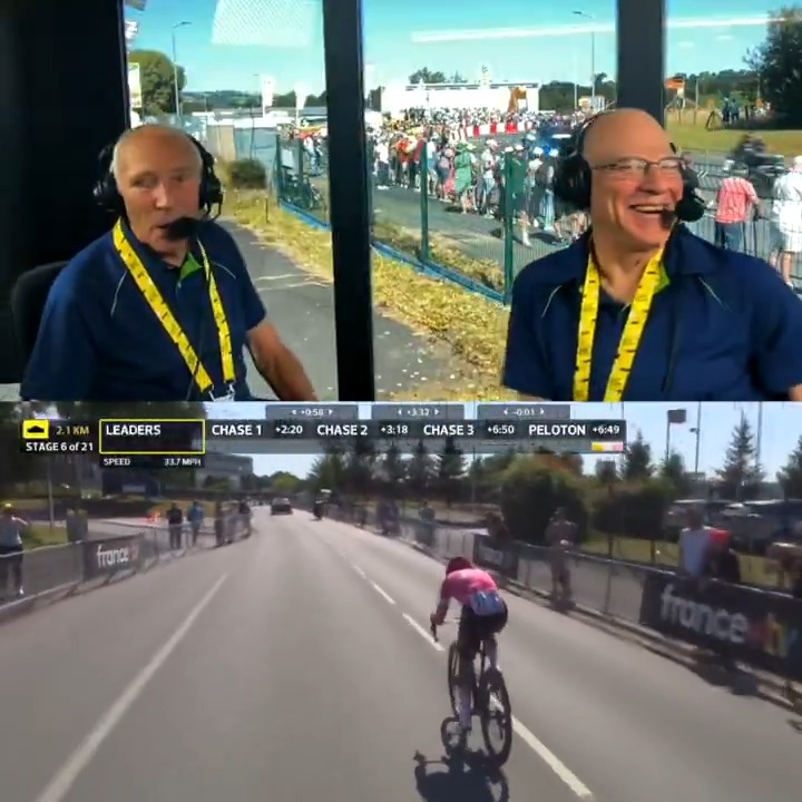 Phil Liggett and Bob Roll react to another stellar day at the Tour de France and seeing Ben Healy flying past the commentary booth! #TDF2025 Phil Liggett