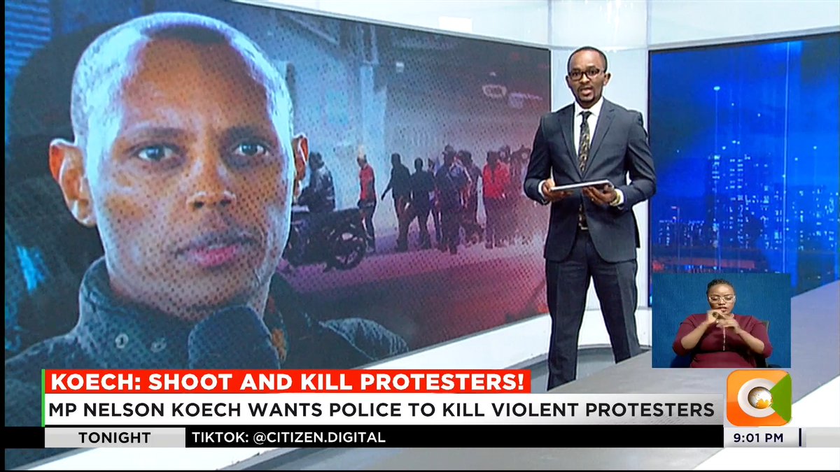 Koech: Shoot And Kill Protesters! MP Nelson Koech wants police to kill violent protesters Koech: Don’t shoot their legs, kill them Koech: Kill anyone attempting to raid protected areas President Ruto issued 'shoot-in-the-legs' order #CitizenTonight Sam Gituku