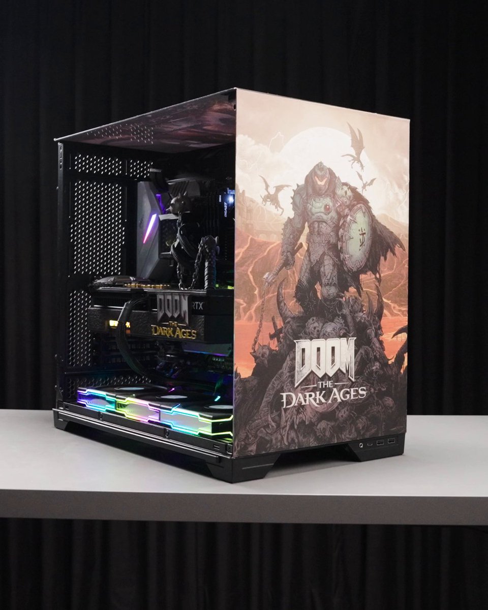 💀 New GeForce Garage Build 💀 Another epic #DOOM: The Dark Ages custom PC build, this one featuring a one-of-a-kind @palit_global GeForce RTX 5080 GamingPro GPU with the DOOM Slayer’s Flail and Shield Saw! Stand and Fight with #RTXOn! 🛠️: Mijinko Studio