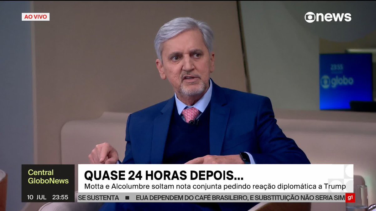 “É óbvio que eles não tinham soltado essa nota (antes), não tinham falado nada, porque não queriam desagradar a bolsonaristas. Eles precisam dos bolsonaristas e, também, do centrão dentro do Congresso. Quando a veio a nota, os dois falaram que o tom é sóbrio e institucional, mas um líder ligou para o Hugo Motta e disse: ‘Vocês poderiam pelo menos ter dito ‘nós repudiamos o aumento da tarifa em 50%’. O resto está certinho, mas vocês tinham que ter criticado’. Os dois se defenderam dizendo que precisavam ter algo acima de qualquer suspeita”, diz Valdo Cruz sobre a nota dos presidentes da Câmara, Hugo Motta, e do Senado, Davi Alcolumbre, em relação à decisão do presidente dos Estados Unidos, Donald Trump, de tarifar em 50% as exportações brasileiras. ➡ Assista à #CentralGloboNews: #GloboNews