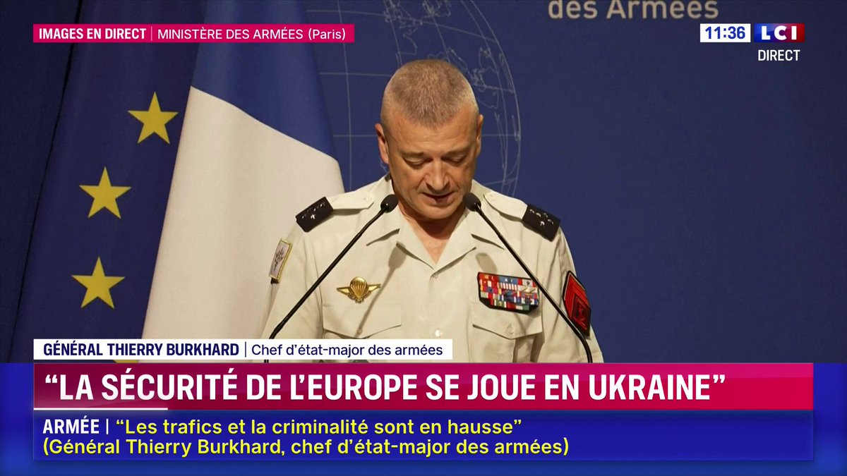 🔴 Le chef d'état-major des armées Thierry Burkhard s'exprime 🗣️ "En Ukraine se joue la sécurité de l'Europe et la place des pays européens dans le monde de demain (...) En cas de défaite de l'Ukraine, on deviendrait les herbivores dans un monde de carnivores."