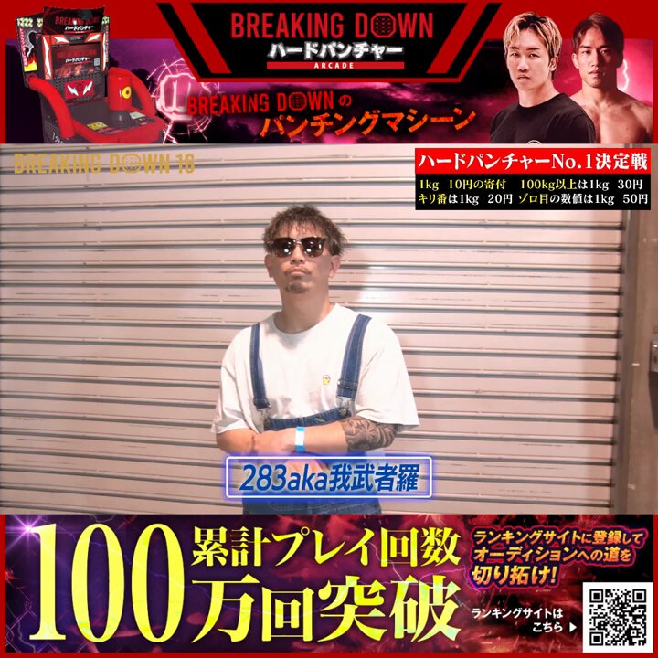 ／ BDハードパンチャーARCADEパンチ力最強決定戦🔥 283aka我武者羅のパンチ力は果たして⁉️ ＼ BD16に出場する選手たちがハードパンチャーARCADEでパンチ力最強を競う！🥊 BreakingDown16では喧嘩自慢対抗戦でダイスケ選手と激突する283aka我武者羅選手！ BDハードパンチャーARCADEはリアルなパンチ力の数値を叩き出すが、、、結果は如何に⁉️ 🔽BDパンチ力最強決定戦の続きはリプ欄から #ブレイキングダウン #朝倉未来