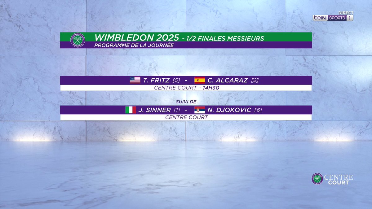 🏆🎾 #CentreCourt 🤩 Au programme aujourd'hui, les demi-finales Messieurs ! 👀 Fritz, Alcaraz, Sinner, Djokovic... Quelle sera l'affiche de la Finale ? #TennisExtra #Wimbledon
