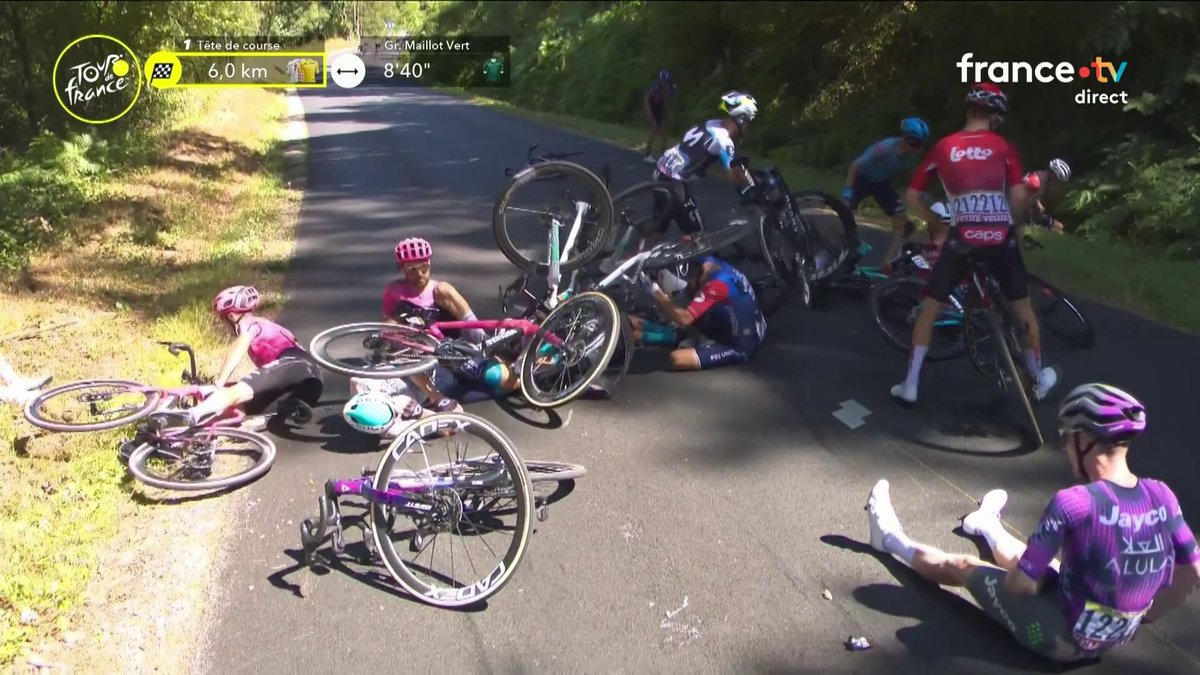 Le bruit de la chute carrément t'as des frissons sur ton canapé c'est effrayant bon rétablissement aux coureurs #TDF2025