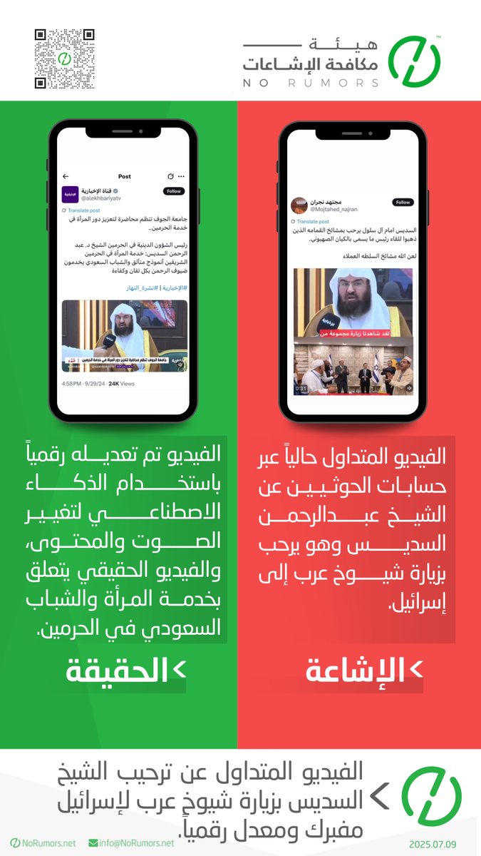 الفيديو المتداول عن ترحيب الشيخ السديس بشيوخ عرب قامو بزيارة إسرائيل، مفبرك بالكامل. تم تعديله باستخدام الذكاء الاصطناعي لتغيير الصوت والمحتوى، في محاولة يائسة وغبية بعد إفلاسهم، لتمرير أجنداتهم. الفيديو الأصلي يتحدث فيه الشيخ عن دعم المرأة والشباب السعودي في الحرمين الشريفين.