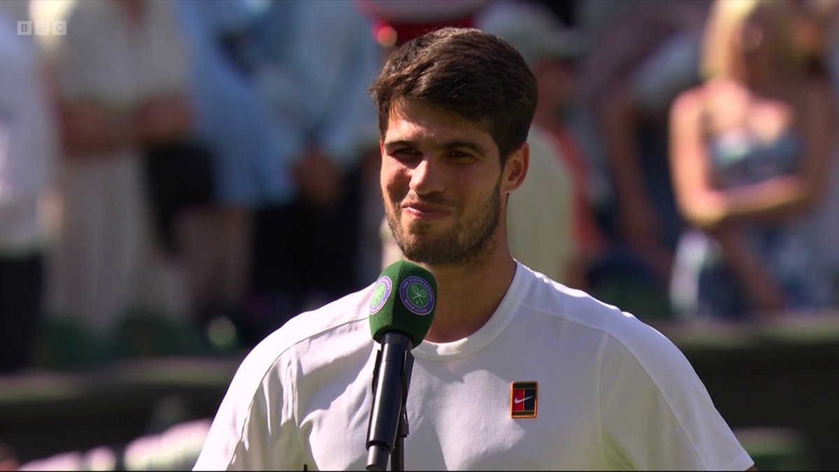 "I don't want to think about Sunday!" Carlos Alcaraz is drinking-in the moment. Another #Wimbledon semi-final win 👏