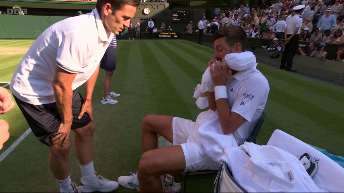 A medical timeout for Novak Djokovic after going two sets down to Jannik Sinner. #Wimbledon