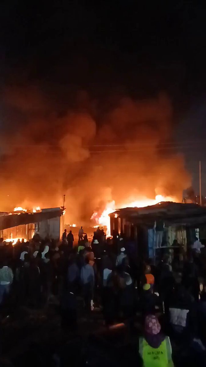 A massive fire broke out on Friday night at a property believed to be a garage in Feroze area, along Kangundo Road. Firefighters reportedly arrived without water, to the frustration of locals. Extensive property damage reported.