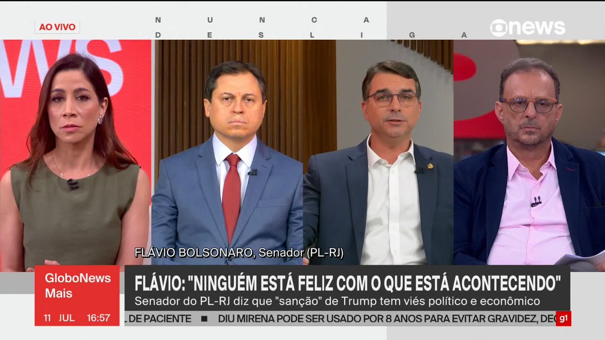 “Ninguém está feliz com o que está acontecendo com o Brasil. Eu estou angustiado, preocupadíssimo”, diz o senador Flávio Bolsonaro (PL-RJ) sobre a oposição estar aplaudindo Trump. ➡ Assista ao #GloboNewsMais: #GloboNews
