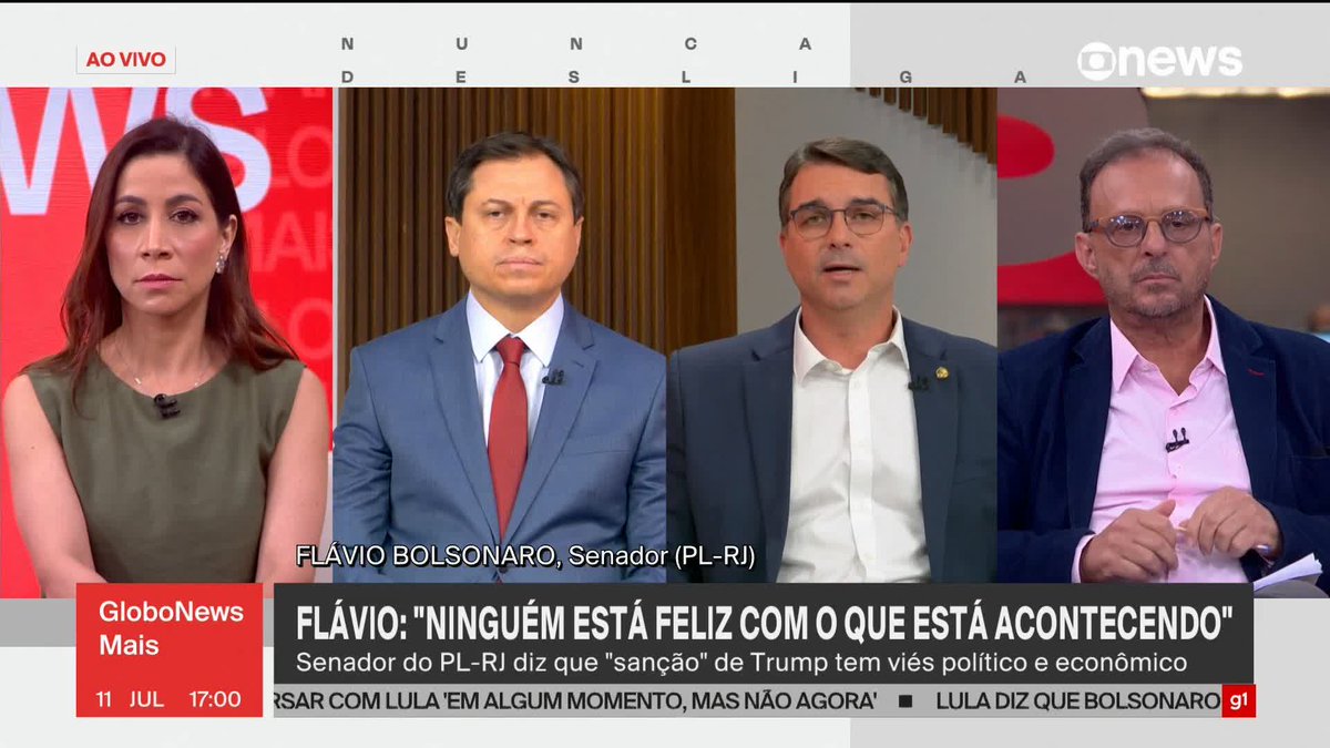 “Tem que perguntar para ele. (...) Talvez eu esteja um pouco mais atualizado do que o Tarcísio e tenha uma leitura melhor do que está passando na cabeça do presidente dos Estados Unidos”, diz Flávio Bolsonaro sobre o porquê de o governador de São Paulo, Tarcísio de Freitas, não estar fazendo o discurso de big techs e anistia em relação ao tarifaço de Trump. ➡ Assista ao #GloboNewsMais: #GloboNews