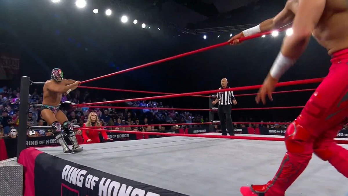 HUGE stomp from @Titan_CMLL to @TheNickWayne on the apron! Watch #ROHSupercard EXCLUSIVELY on