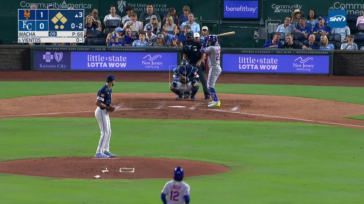 Mark Vientos breaks his bat over home plate after striking out with the bases loaded to end the 3rd