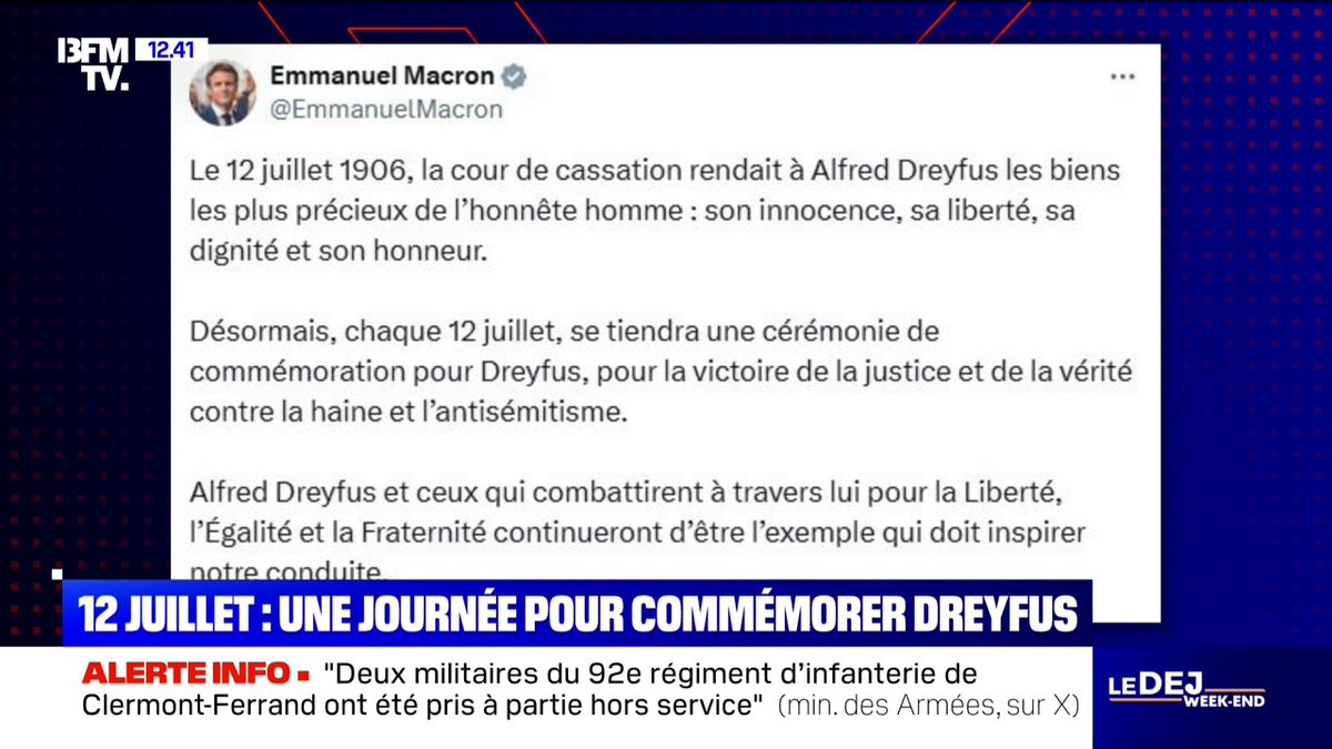 Emmanuel Macron instaure une journée de commémoration le 12 juillet pour la réhabilitation d'Alfred Dreyfus.
