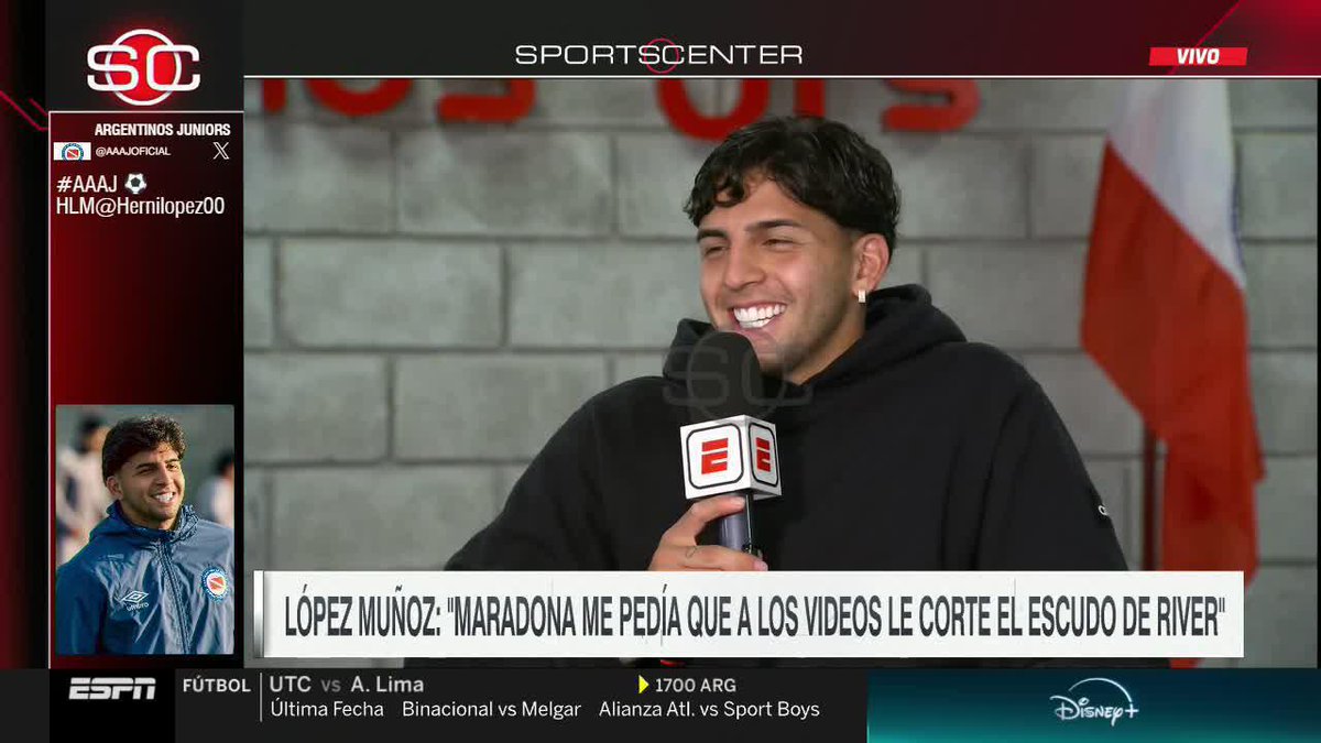 "MARADONA ME PEDÍA QUE LE SAQUE EL ESCUDO DE RIVER A MIS VIDEOS", confesó Hernán López Muñoz, flamante refuerzo de Argentinos Juniors y sobrino nieto de Maradona, de la época cuando jugaba en el Millonario. 📺 #DisneyPlus