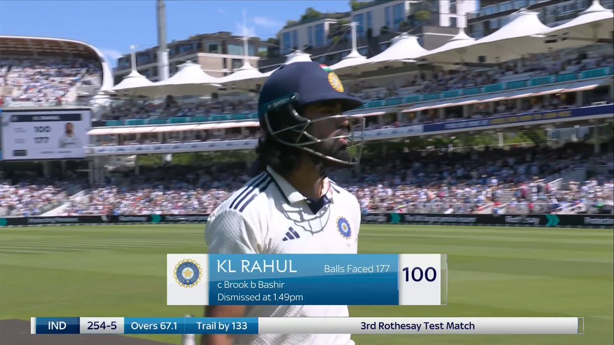 BASHIR STRIKES! 💥 One ball after reaching his century, KL Rahul snicks off to Harry Brook in the slips and England have two new batters at the crease after lunch!