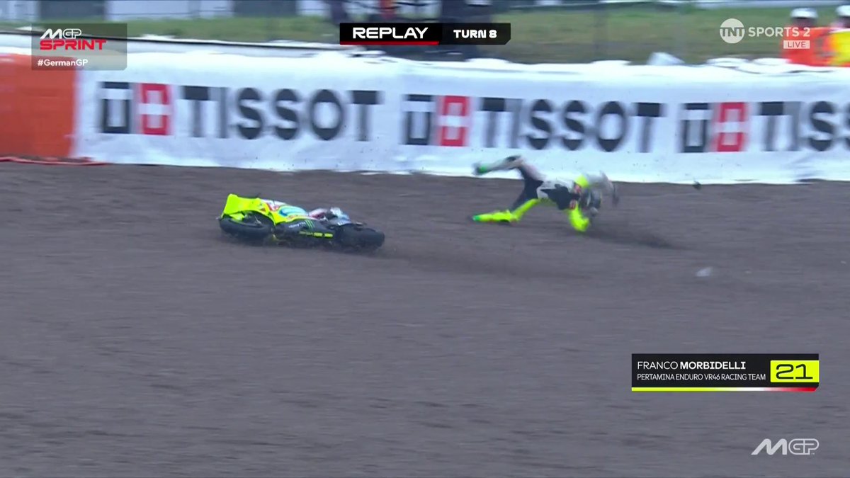 High speed crash for Franky Morbidelli into Turn 8 🙈 Hoping the VR46 Rider is ok after this one 🙏 #MotoGP | #GermanGP | Live on TNT Sports and Discovery+
