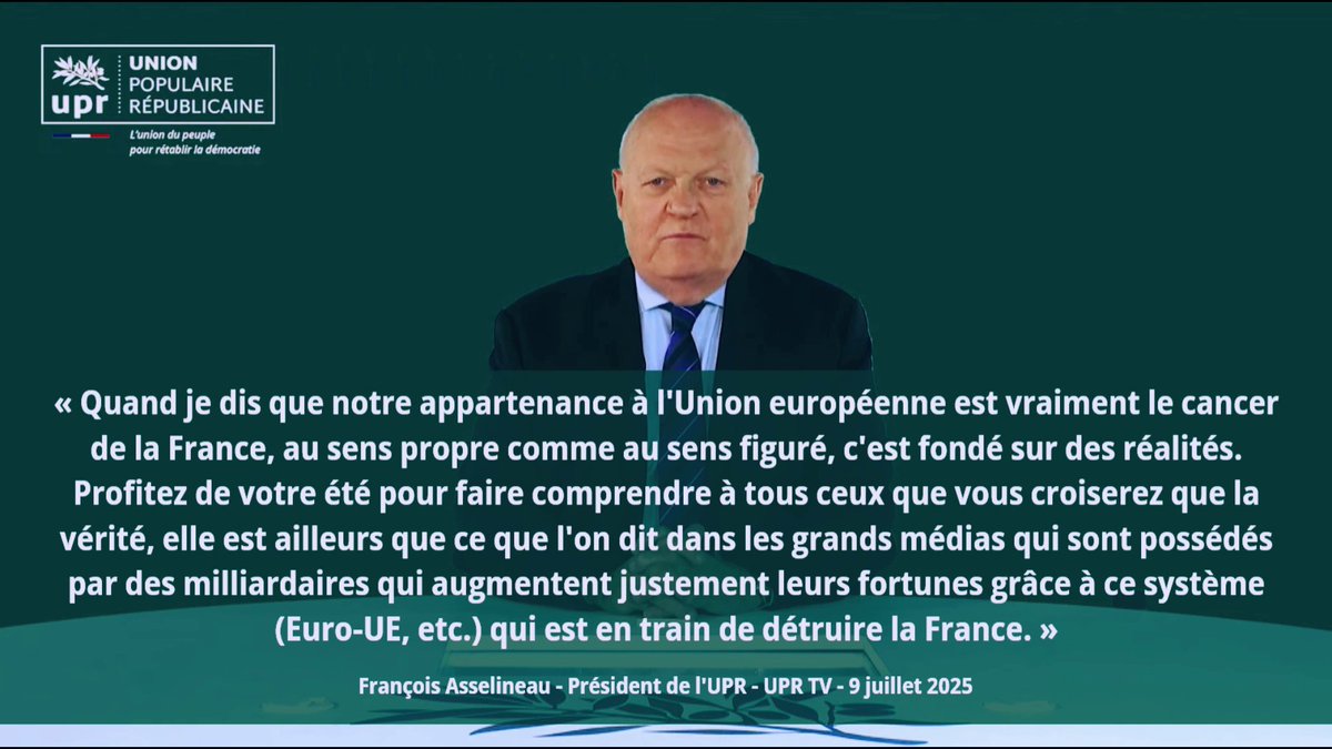 «À ceux qui rigolent de moi ou de mes résultats, vous devriez avoir honte ! Honte ! de laisser la #France🇫🇷 être détruite ! Quel pays allez-vous laisser à vos enfants et petits enfants à partir du moment où vous voulez rester dans l'🇪🇺 qui détruit la 🇫🇷 ?» François Asselineau 🇫🇷 #Frexit