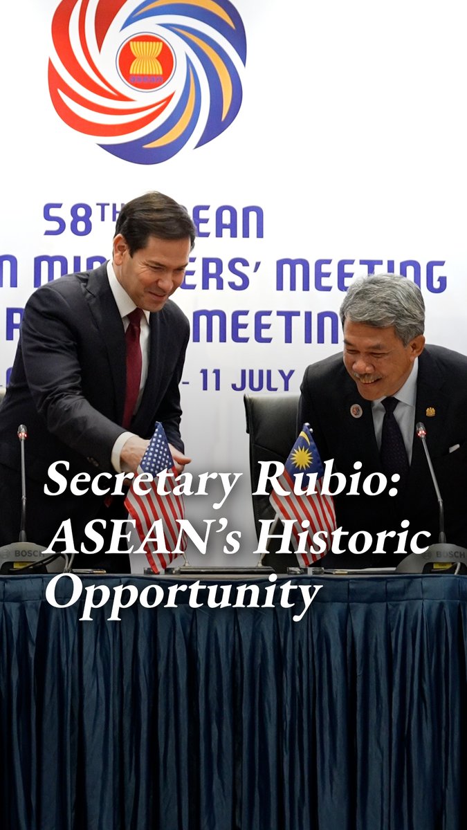 A strong U.S.-ASEAN partnership and a stable Indo-Pacific is in our national interest. 🇺🇸🤝🌏 Secretary Marco Rubio’s first trip to Asia as Secretary of State took him to Malaysia to deliver results for America and our allies in Southeast and East Asia.