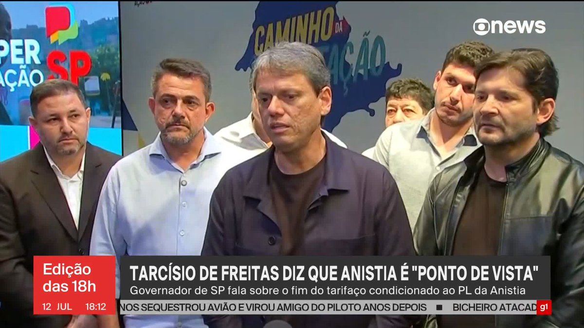 "Questão de ponto de vista", diz o governador de São Paulo, Tarcísio de Freitas, ao comentar que o fim do tarifaço de Donald Trump estaria condicionado à anistia do ex-presidente Jair Bolsonaro. ➡ Assista: #GloboNews