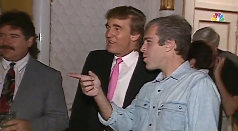 Trump, Epstein, and Ghislaine Maxwell together at a party in 1992. Trump is seen pointing out a girl to Epstein in the video.