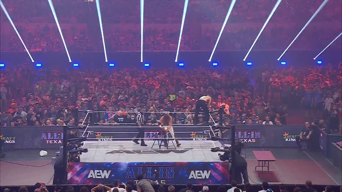 Hangman sends Mox through the points of the chairs! Watch #AEWAllInTexas LIVE on PPV right now!