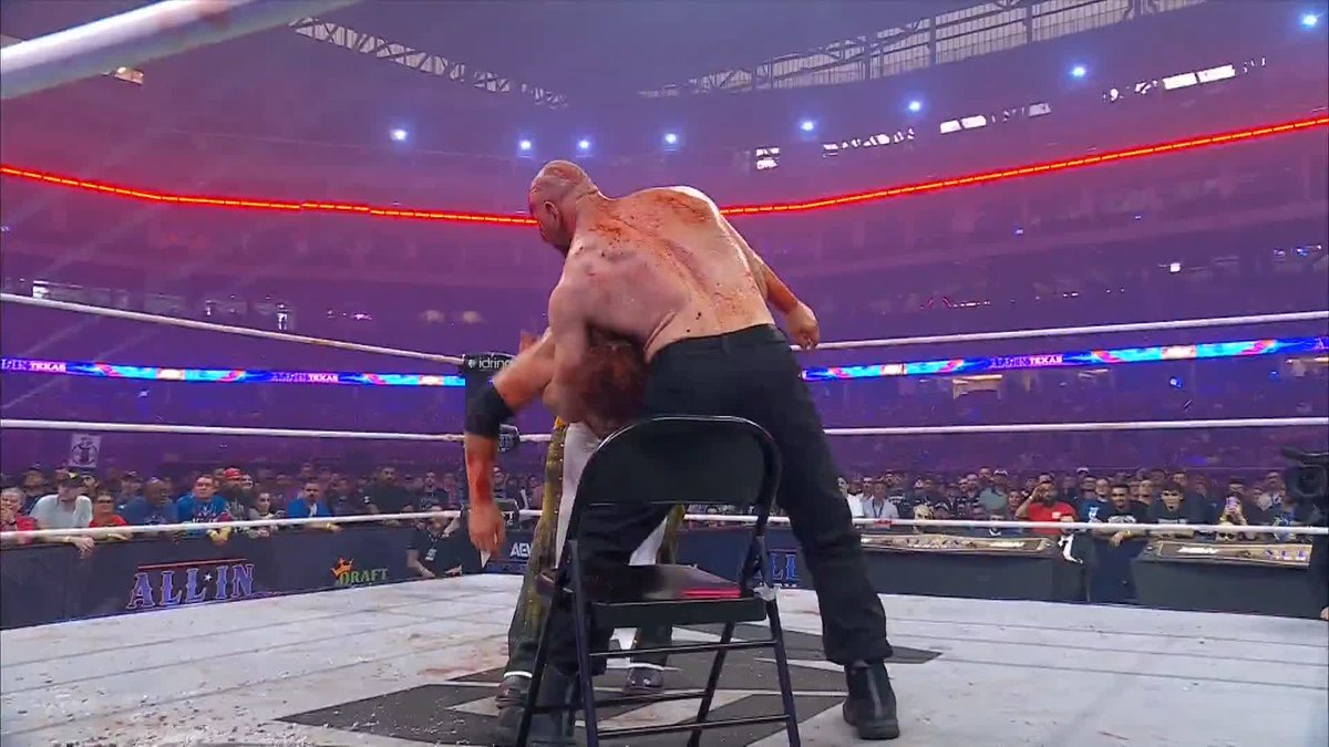 Moxley SPIKES Hangman with a Death Rider through a chair! Watch #AEWAllInTexas LIVE on PPV right now!