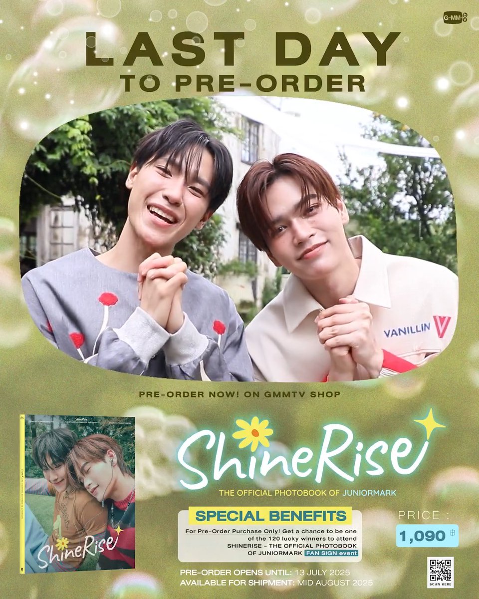 วันนี้พรีออเดอร์โฟโต้บุ๊ค SHINERISE ของจูเนียร์มาร์ค วันสุดท้ายแล้วทุกคน มาพรีออเดอร์พร้อมลุ้นเป็นหนึ่งใน 120 ผู้โชคดีที่จะได้สิทธิ์ Fan Sign กัน สั่งซื้อที่นี่ / Order Here #SHINERISExJuniorMark #JuniorMark #จูเนียร์มาร์ค #GMMTV