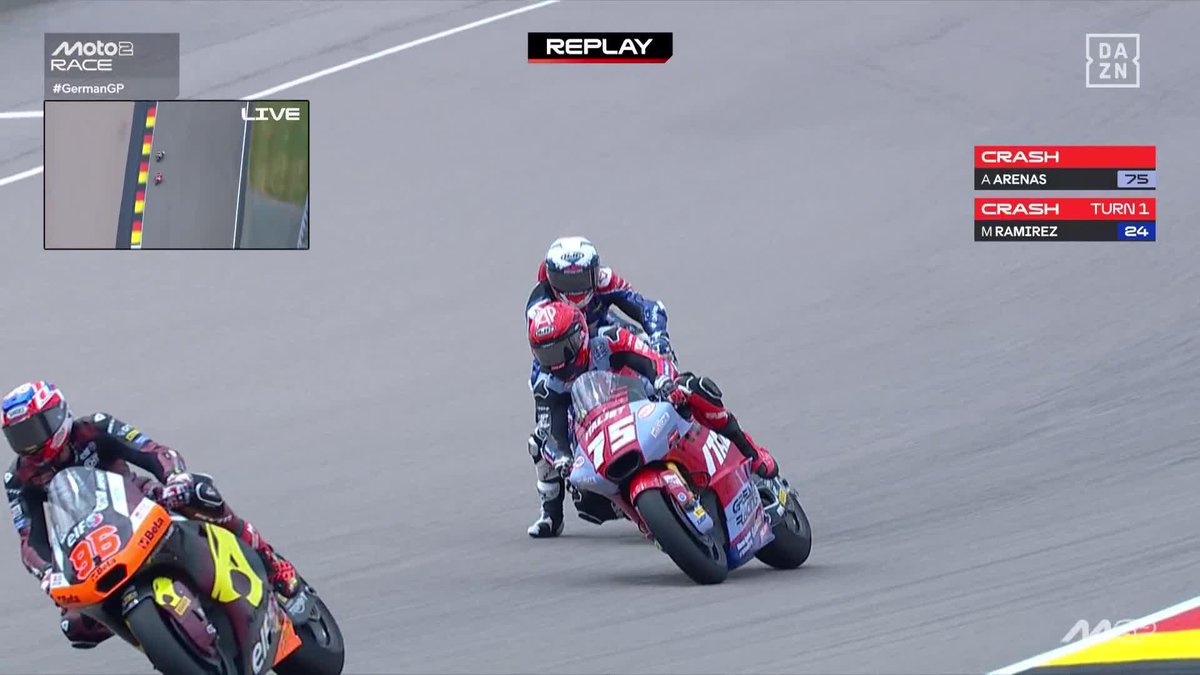 ¡Qué mala suerte! Marcos Ramírez no pudo controlar la moto y se llevó por delante a Albert Arenas El air fence quedó dañado y obligó a terminar la carrera con bandera roja en la vuelta 20 #GermanGP 🇩🇪 #MotoGP 🏁