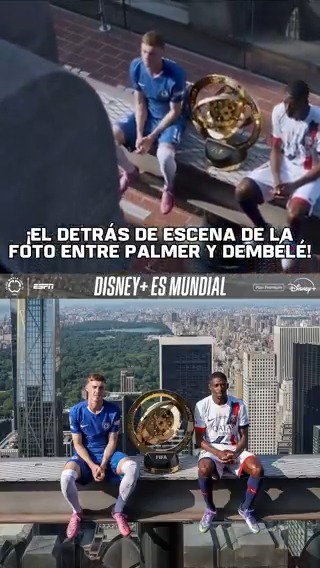 ASÍ SE HIZO LA FOTO DE LA FINAL: el detrás de escena de la postal entre Palmer y Dembélé con el trofeo del Mundial de Clubes en la cima del mirador Top of the Rock de Nueva York. 📹 Kieran Gill 📺 Mirá los partidos de #DisneyPlus de la #FIFACWC 🏆🌎 en el Plan Premium