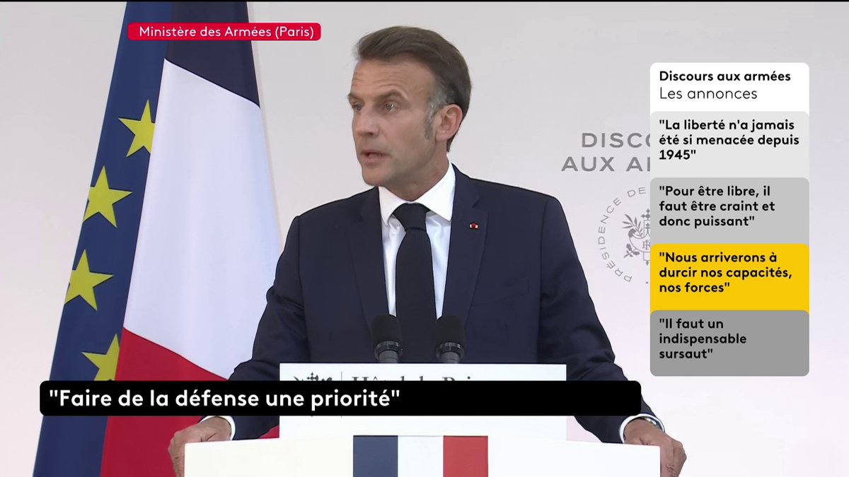🔴 DIRECT - "Le dégel des crédits sera effectué", annonce Emmanuel Macron, en rappelant les parlementaires à leur responsabilité : "les censures de fin d'année ont une conséquence simple, elles décalent le budget des armées". #DiscoursAuxArmées
