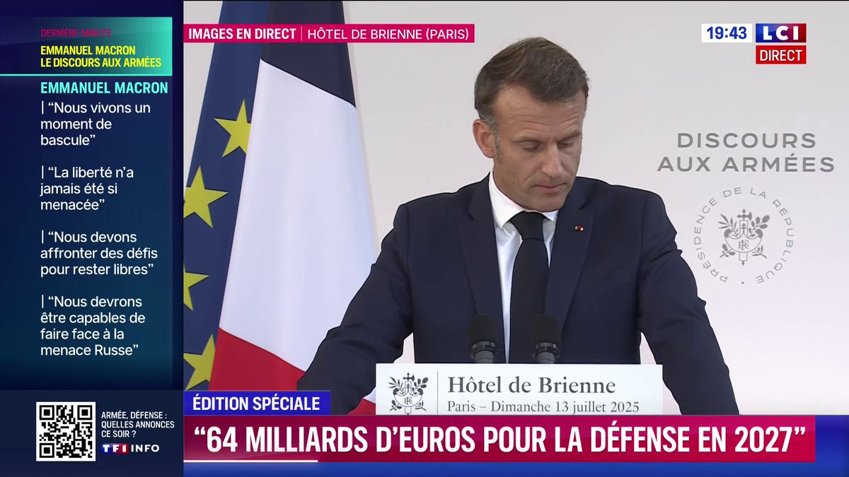 🔴 Discours aux armées : Emmanuel Macron s'exprime 🗣️ "Nous refusons que ce réarmement passe par l'endettement (...) j'avais dit le 5 mars aux Français : la patrie a besoin de vous. Je vous le dis en cette veille de fête nationale : c'est maintenant"
