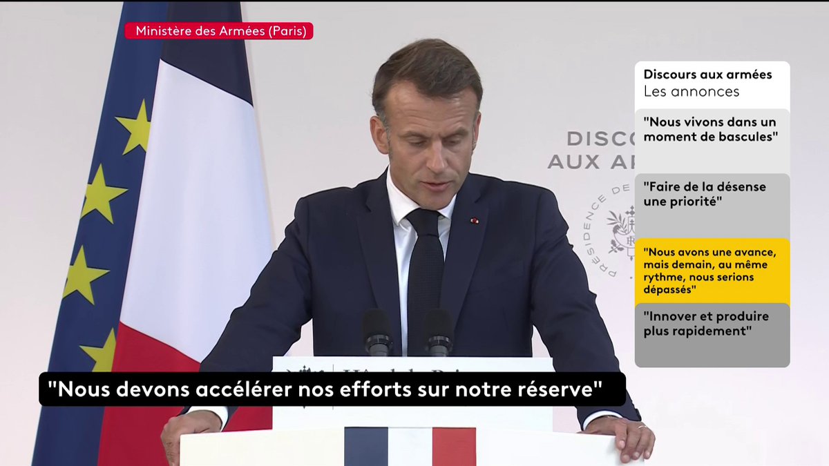 🔴 DIRECT - "Alors que nous avions prévu de doubler le budget de la défense d'ici 2030, nous allons le doubler d'ici 2027", annonce Emmanuel Macron. Des mesures sur son financement seront annoncées le 15 juillet. #DiscoursAuxArmées.