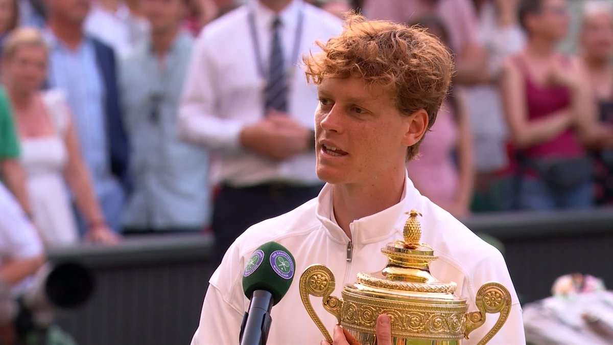 "That's exactly why we love playing here!" 😅 Jannik Sinner had to avoid a rogue champagne cork during his victory against Carlos Alcaraz - only at #Wimbledon!