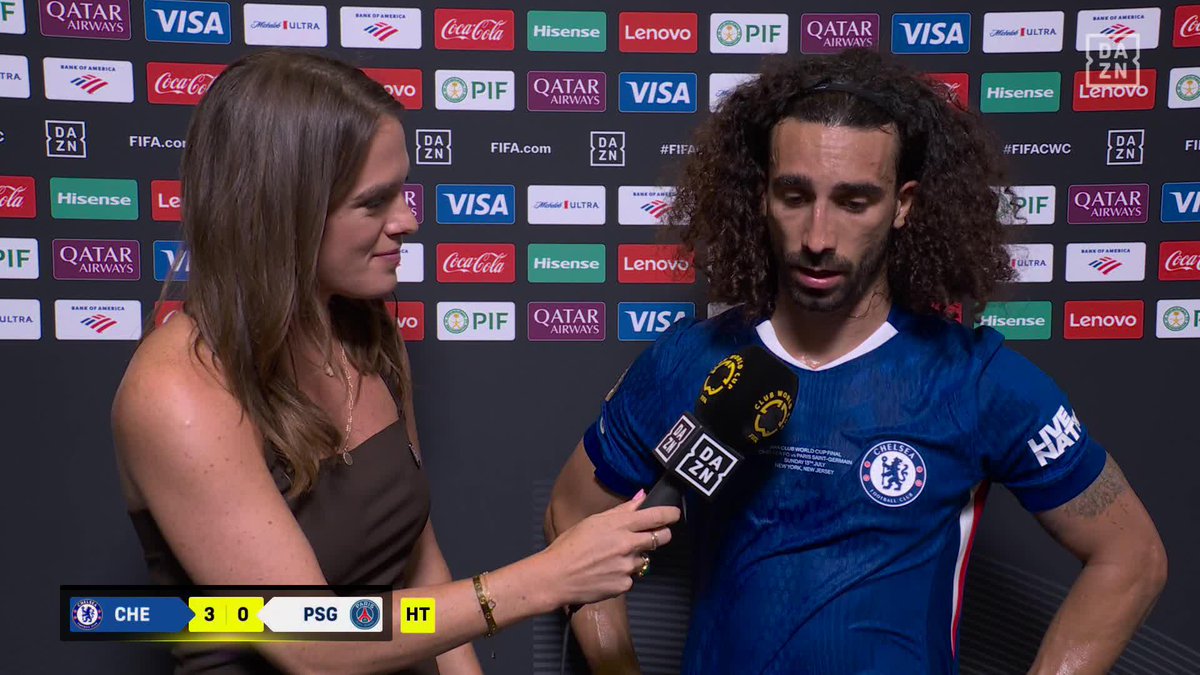 Cucurella speaks at the break — focused, composed, and ready for the second half. 🔵 Chelsea are 45 minutes from history. Catch the @FIFACWC Final | July 13 | Free | | #FIFACWC #TakeItToTheWorld #CHEPSG
