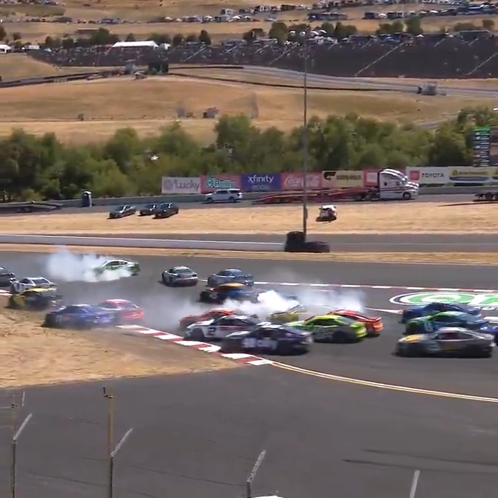 Soon after the restart, the No. 4 spins, and the field scatters! Erik Jones and Ryan Preece are collected in the chaos!