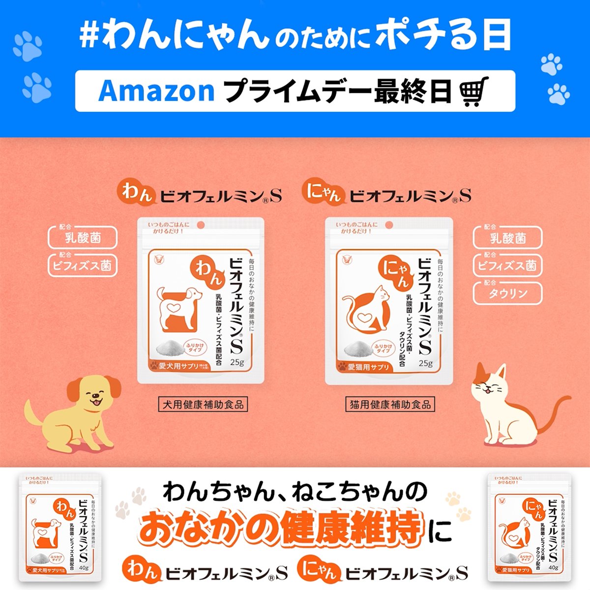 \本日Amazon プライムデー最終日🐾/ 今日から始める愛犬、愛猫のおなかケア ペット用ビオフェルミンをお得に購入したい方は わんにゃんのために、下記動画をポチッと押してね 特別な情報はリプライ欄↓を確認してね!