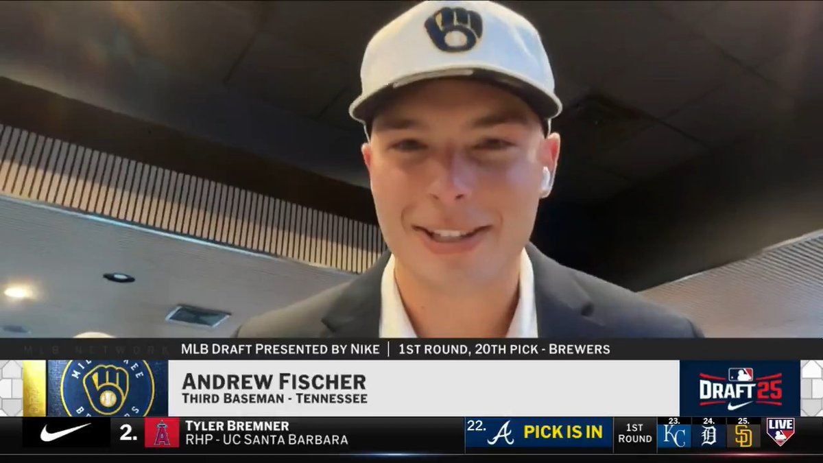 Andrew Fischer goes off the board at No. 20 to the Milwaukee Brewers and his Tennessee Baseball coach Tony Vitello is AMPED! 📺 MLB Draft presented by Nike