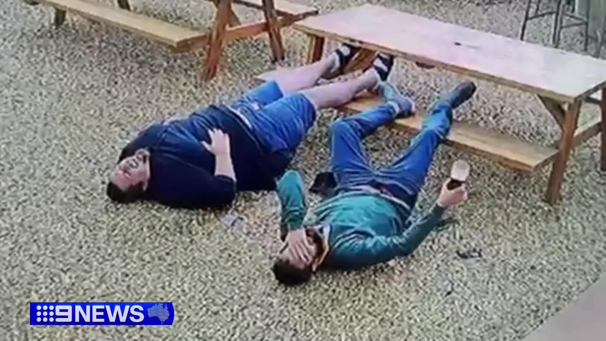 Life-long mates have gone viral after they took a tumble in a beer garden outside Ballarat. One of them took a legendary catch, saving his precious Guinness mid-fall. #9News Jack Ward