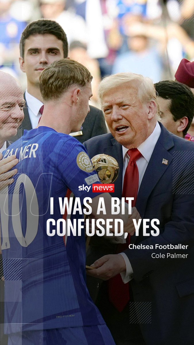Chelsea beat PSG 3-0 in the final to lift the Club World Cup, with Cole Palmer giving his side a two-goal advantage a third of the way through the tie 🏆 One person the winners didn't expect to see on stage for the trophy lift was US President Donald Trump...