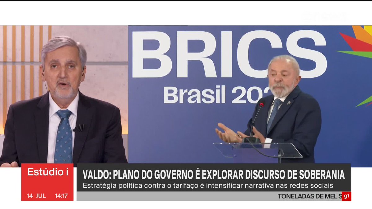Valdo: Lula vai seguir dando entrevistas, explorando principalmente a questão do patriotismo, da soberania, de que o Brasil não pode se curvar a um presidente estrangeiro. A Globo com medo de perder o Pix. SOBERANO É O POVO