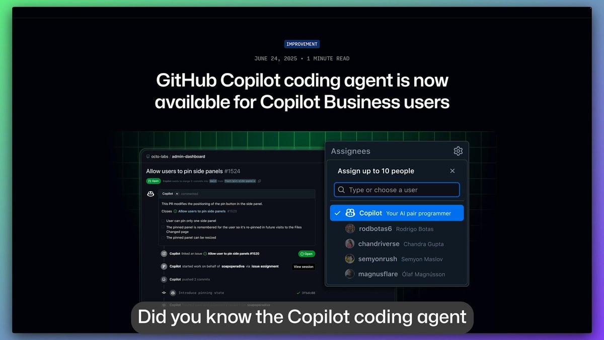 GitHub Copilot coding agent just got a major upgrade. ✨ What's new: • It tests its own UI changes with Playwright and adds screenshots to PRs. • It can connect to more context and tools with remote MCP support. • You can trigger and track tasks from a new dashboard. • It only uses one Copilot premium request per session. Plus, it's now available for Copilot Pro and Business users. ✅ Here are all the updates in action. ▶️