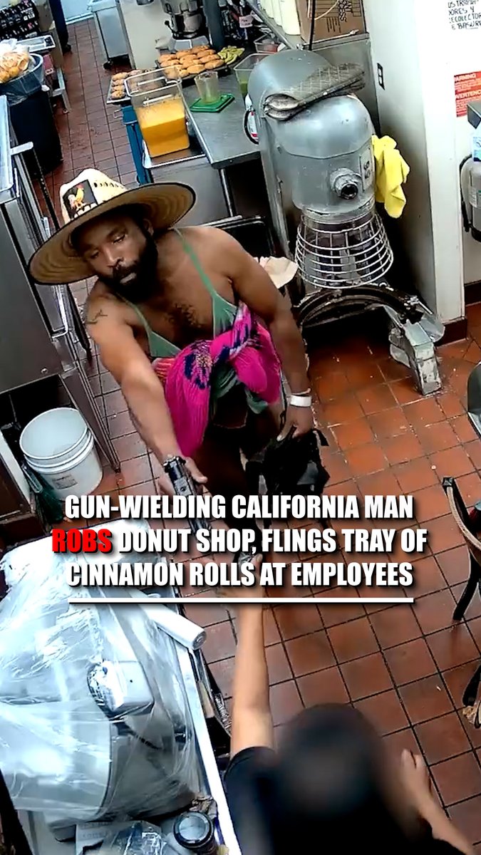 CRAZY VIDEO: A gun-wielding, semi-nude California man was caught on camera attempting to rob a donut shop, even throwing cinnamon rolls at employees in his failed bid. The suspect was taken into custody and charged with robbery and assault with a deadly weapon.