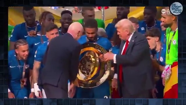 Trump didn’t take the hint when it was time for him to leave after presenting the FIFA World Cup trophy to the winning team. #FallonTonight